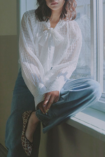 前後2way シアーチェックボウタイブラウス [C7369]