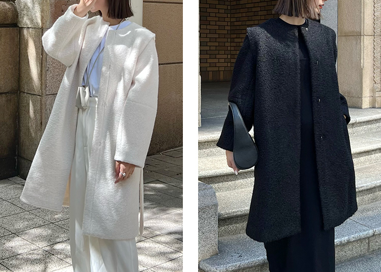 左は白のノーカラーコートに白のワイドパンツ右は黒いノーカラーコートに黒のワイドパンツをコーディネートした女性の画像