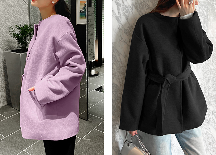 左はピンクのノーカラーコートに黒のワイドパンツ右は黒いノーカラーコートにデニムパンツをコーディネートした女性の画像