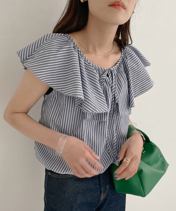 ヨーコチャン yokochan ノースリーブフリルトリムブラウス ネイビー 36 YOKO CHAN ノースリーブフリルトリムブラウス36ネイビー 紺色