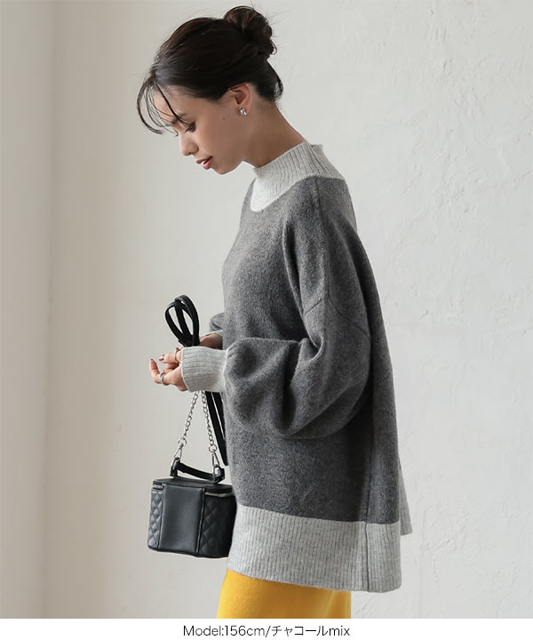 バイカラーモックネックニットトップス[C6288] - レディース