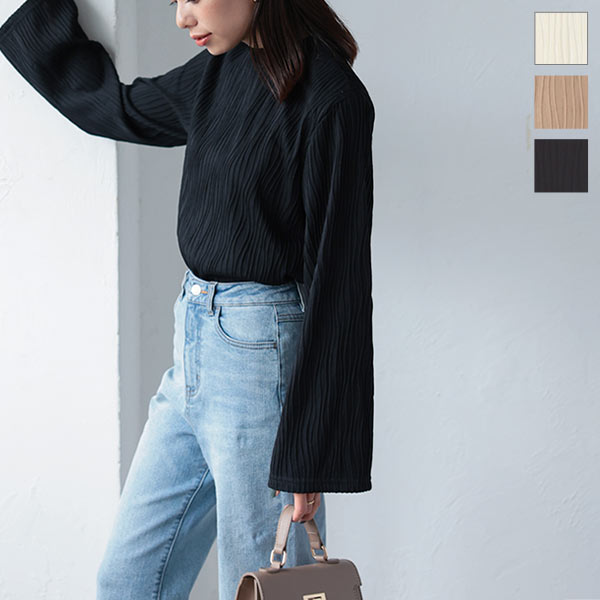 ジャガードウェーブデザインフレアスリーブハイネックトップス [C6395