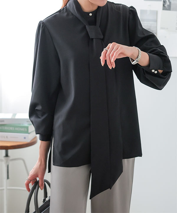 トールレタス ] リボンSETパールボタンブラウス [C6638