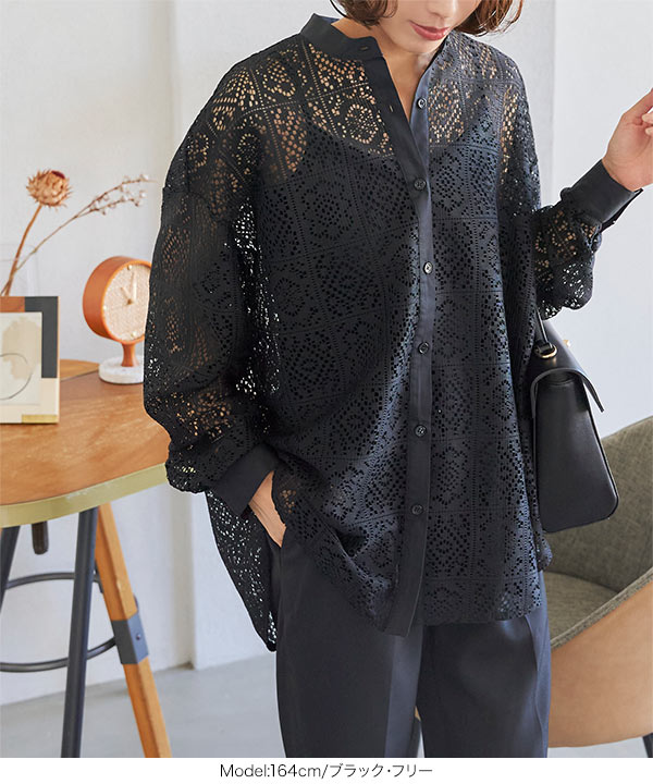 クレッシェント⭐︎カットソー　ブラック クロシェレースバンドカラーシャツ [C6862] - レディースファッション