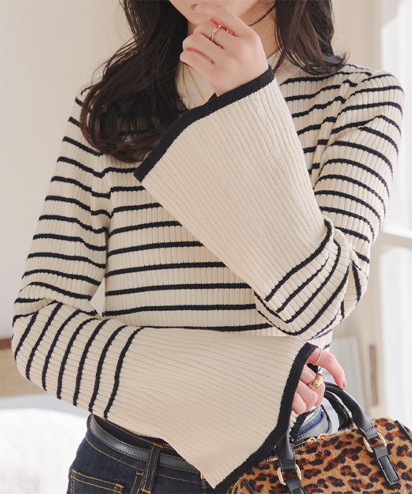 袖バイカラーもっちりリブニットトップス [C6960] - レディース