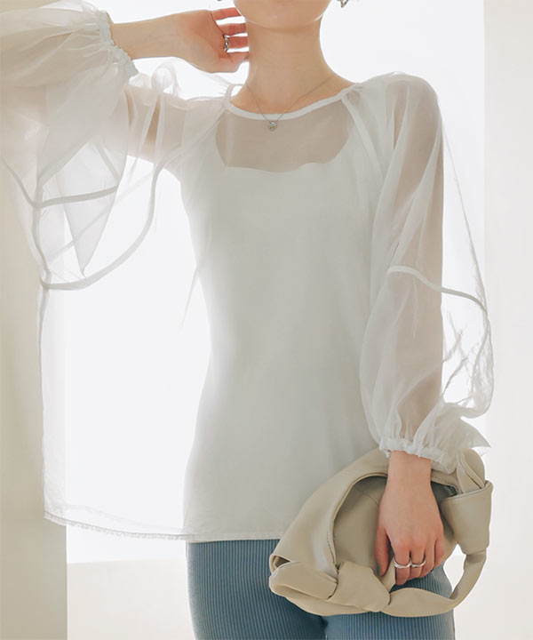 tシャツ オーガンジー重ねボリュームスリーブカットソー レディース ボリュームスリーブオーガンジートップス [C6971] | SALE