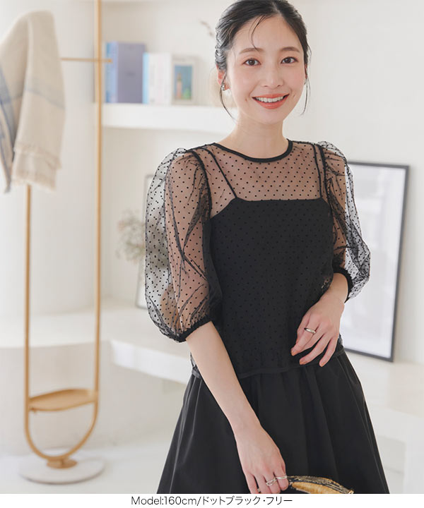 フロッキードットチュールパフスリーブプルオーバー [C7202