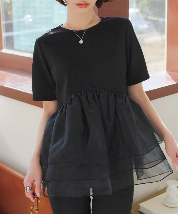 オーガンジーペプラムポンチTシャツ[C7399] - レディース