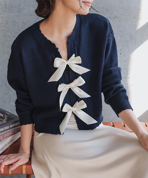 サカイ ラップ ニット カーディガン リボン付きレイヤードスリーブ 1 S 中古・古着通販】sacai (サカイ) デザインニットカーディガン ネイビー