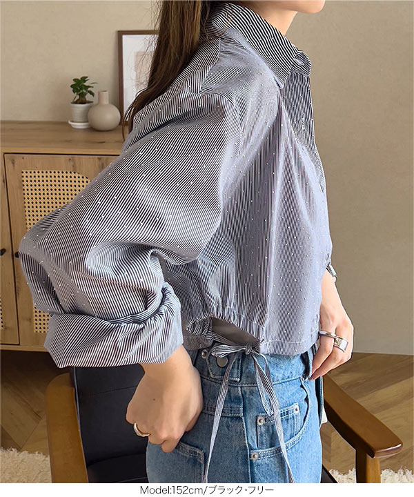 ストライプのみ キラキラストライプサイドリボンショートシャツ [C7433] - レディース