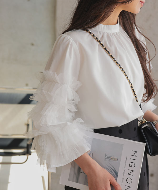 ティアードスリーブモックネックブラウス [C7437] - レディース