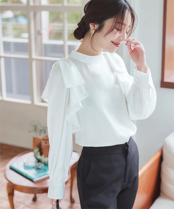 ワンダフルワールド フードブラウス フリル ホワイト レディース