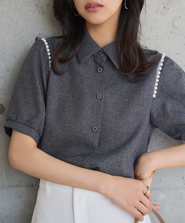 肩パールつきデザインブラウス[C7533] - レディースファッション通販