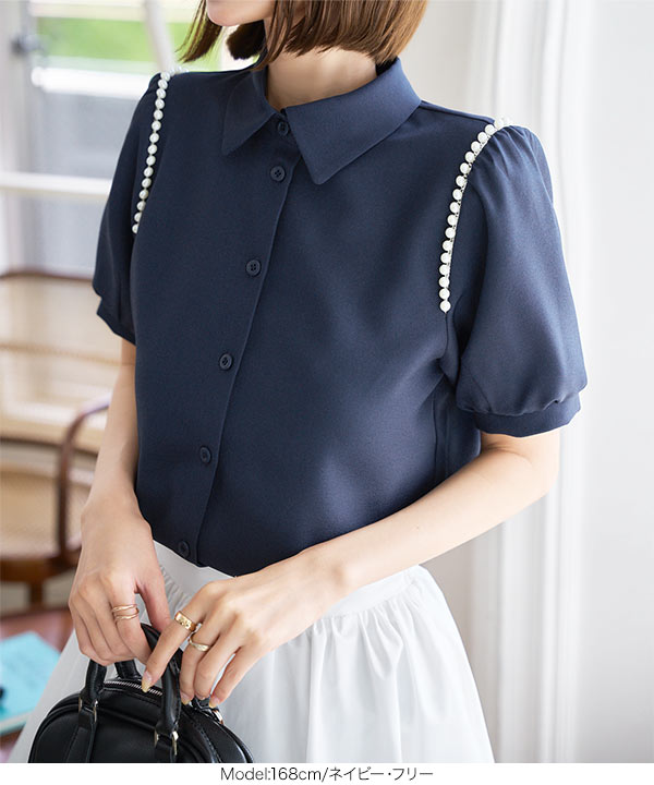 肩パールつきデザインブラウス[C7533] - レディースファッション通販