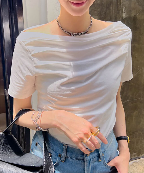 タックデザインオフショルダーTシャツ [C7591] - レディース