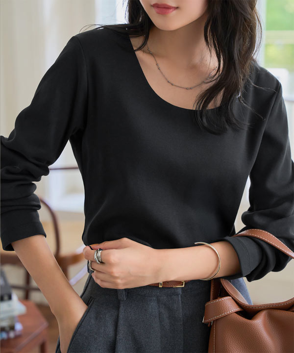 M L XL 選べるタイプ ] 深開きスクエア Uネック 長袖Tシャツ [C7665