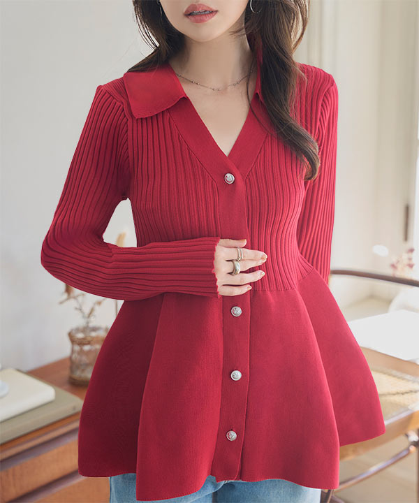 ポロVネック ペプラム長袖リブカーディガン [C7677] - レディース