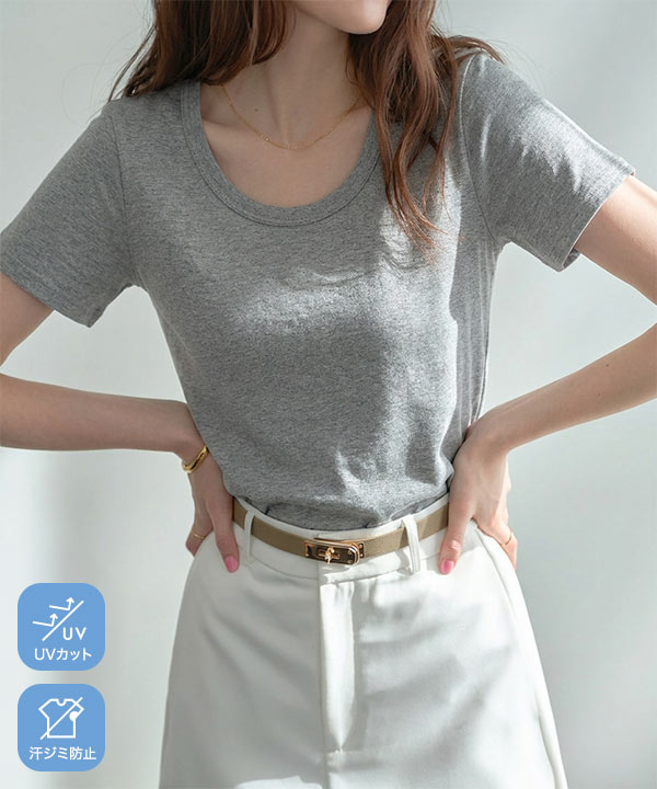 M L XL 汗じみ防止＆UVカット ] 深Uネック半袖Tシャツ [C7765