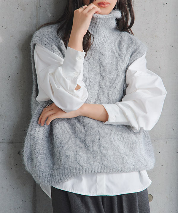 ケーブルハイネックニットベスト [C7813]| 送料無料 1/22(木)12:00~1