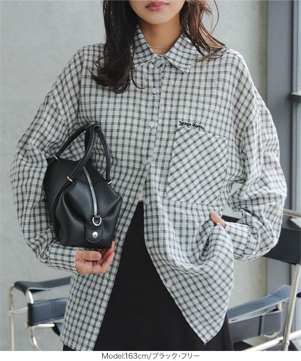 刺繍ロゴチェック柄ビッグシャツ [C7847] - レディースファッション