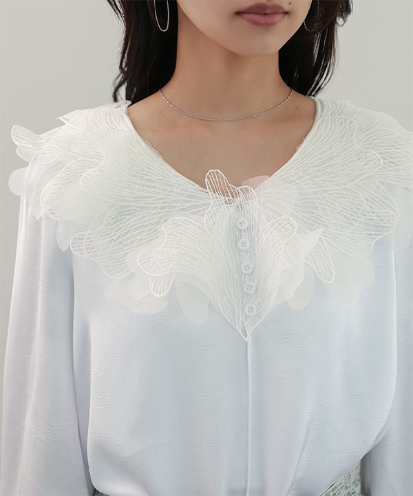 襟レースサテン長袖ブラウス [C7870]| SALE！ - レディース
