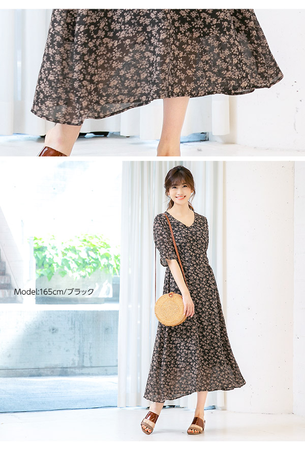 5分袖花柄シフォンワンピース [E2066] - レディースファッション