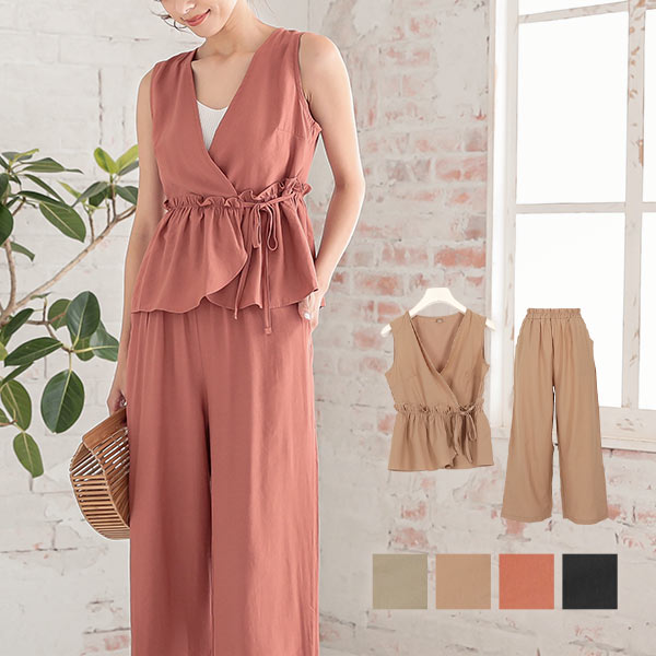 セットアップ カシュクールトップス ワイドパンツ ルーズ 薄手 カシュクールトップスセットアップ [E2151] - レディース