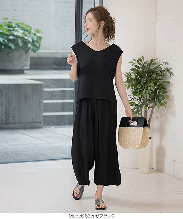 ノースリーブ レディース ワイドパンツ 春夏 2点セット ノースリーブトップス ワイドパンツ セットアップ ノースリーブ ガウチョパンツ ワイドパンツ 総ゴム 楽ちん 無地 シンプル 春 夏 カジュアル きれいめ 大人 おしゃれ 可愛い
