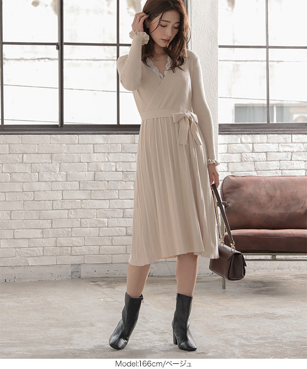 リボン付きカシュクールニットワンピース [E2252] - レディース
