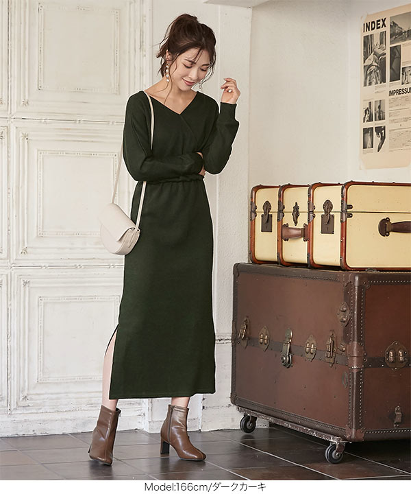 カシュクールリブワンピース [E2296] - レディースファッション通販