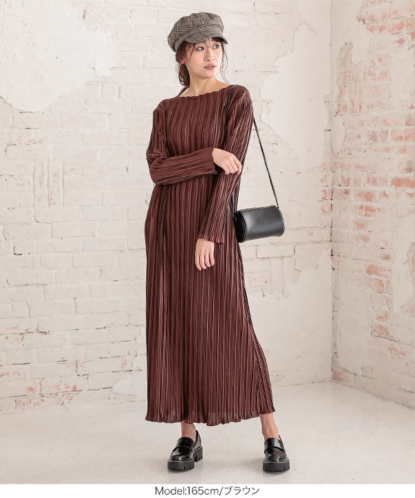 ロングスリーブプリーツサテンワンピース [E2564] - レディース