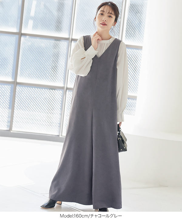 フェイクスエードVネックオールインワン [E2943] - レディース