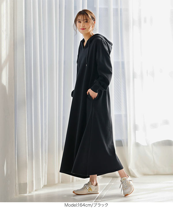 tralala ボーダーパーカーワンピース ♥ タックフレア裏起毛パーカーワンピース[pm233] | レディース