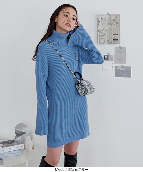 袖スリットもっちりニットミニワンピース [E3242] - レディース