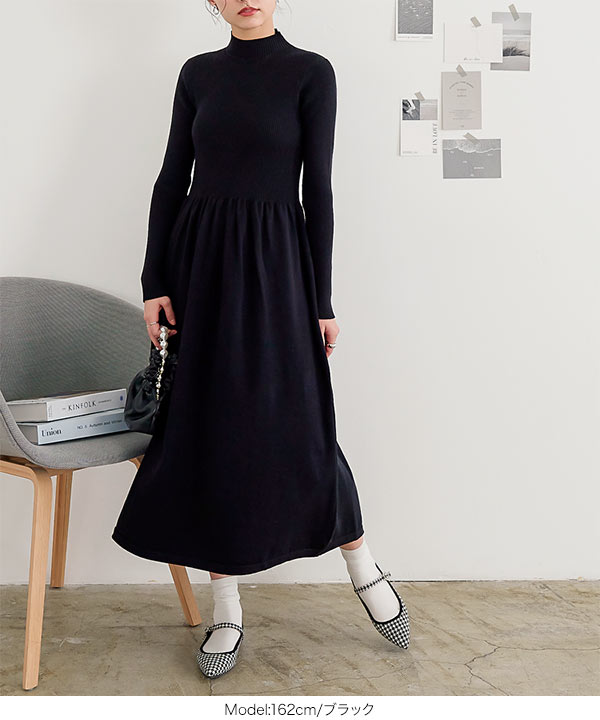 ウエスト切替ハイネックニットワンピース [E3253] - レディース