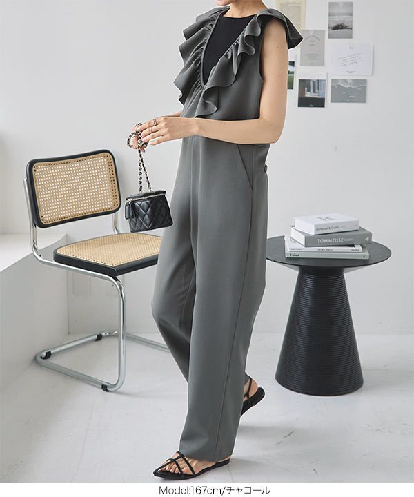 ディープネックフリルオールインワン [E3281] - レディース