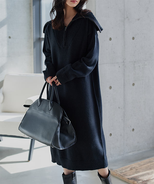 フロントジップカラーニットワンピース [E3562] - レディース