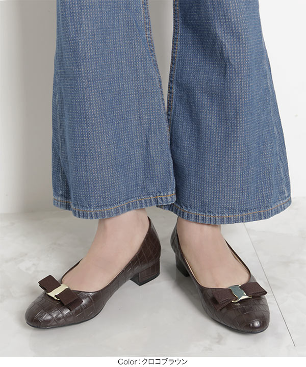 ラウンドリボンチャンキーヒールパンプス [I1925] - レディース