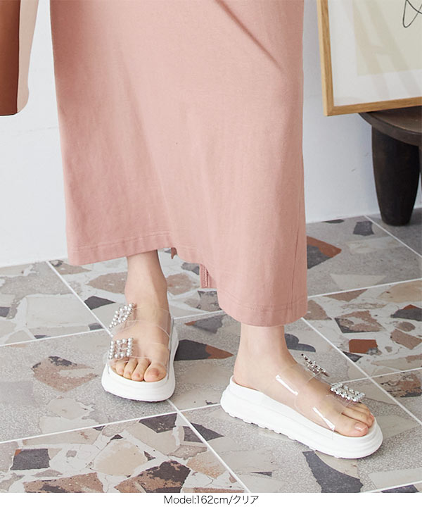 厚底ビジューダブルベルトサンダル [I2563] - レディースファッション