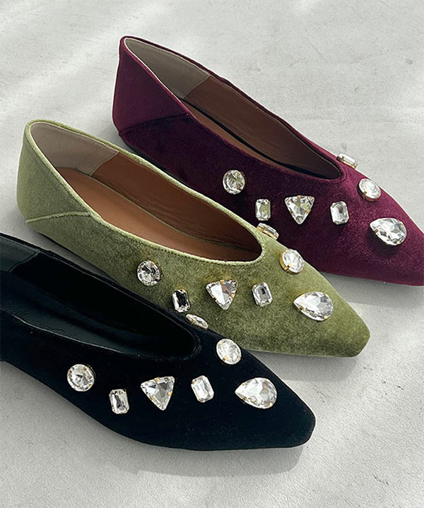 ビジューベロアフラットパンプス [I2640] - レディースファッション