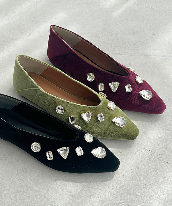 【新品未使用】ニナリッチ　ベロア　ビジューパンプス　37 ビジューベロアフラットパンプス [I2640] - レディースファッション