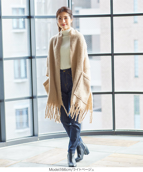 と*こ様 新品❣️ゴールド　セーブル❣️ストール❣️編み込みニットポケット付き❣ 2wayフリンジ大判ストール [J935] - レディースファッション通販 神戸