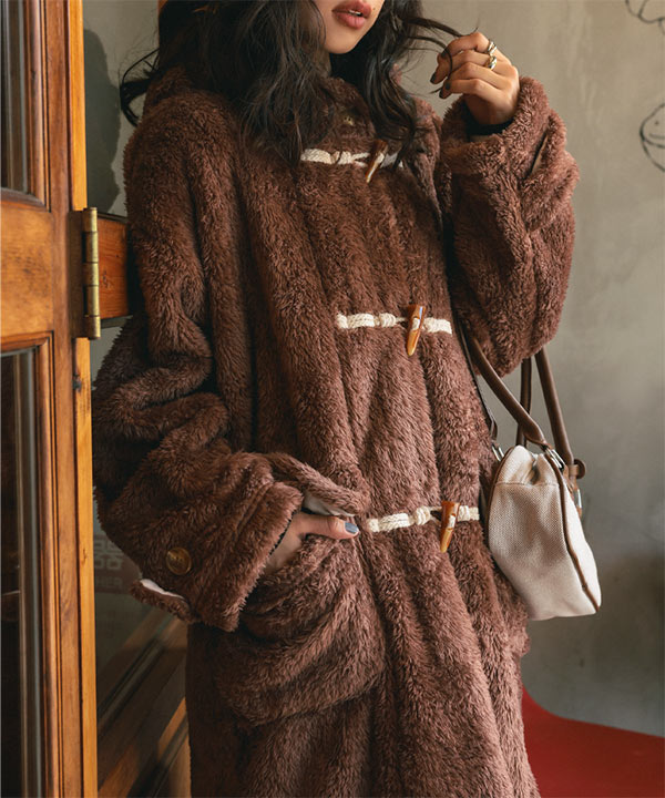 COACH　コーチ　ダッフルコート　フーデッドファー　コヨーテ　ネイビー　４　Ｍ ファーフリースダッフルコート [K1384] - レディースファッション通販