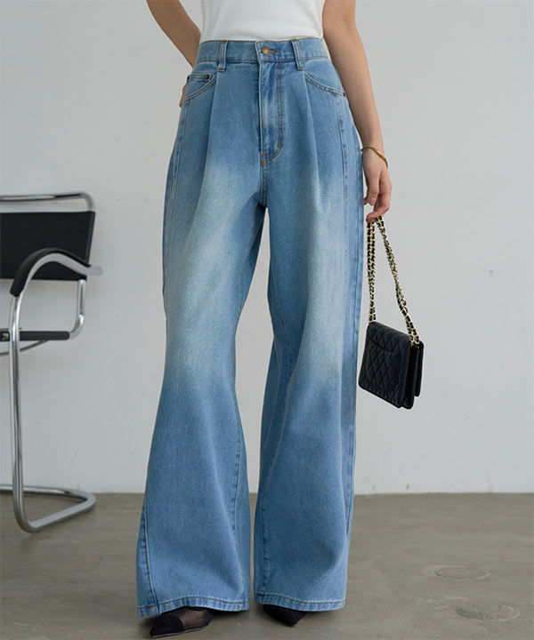 フロントタックワイドデニムパンツ [M4369] - レディースファッション