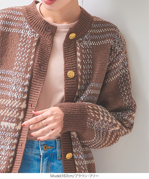 チェックジャケットライクニットカーディガン [N1099] - レディース