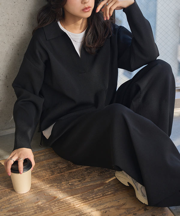 スポンディッシュニットスキッパートップス×ワイドパンツセットアップ