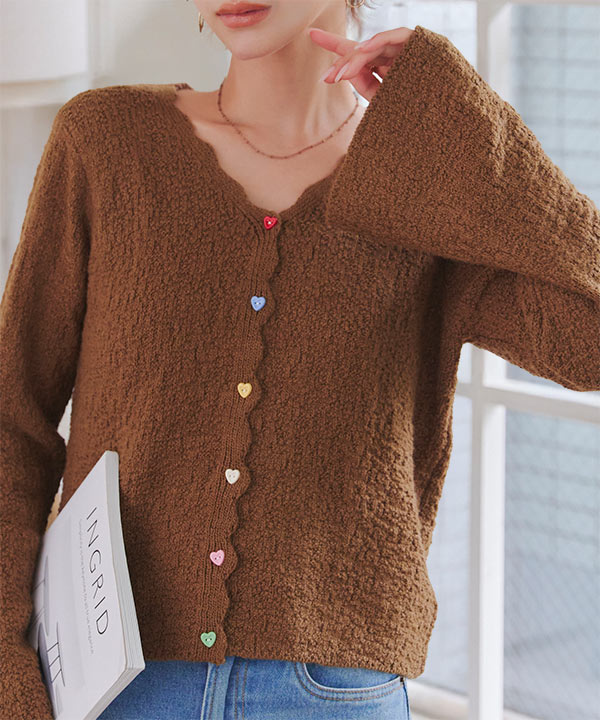 カラフルハートボタンスラブニットカーディガン [N1245] - レディース