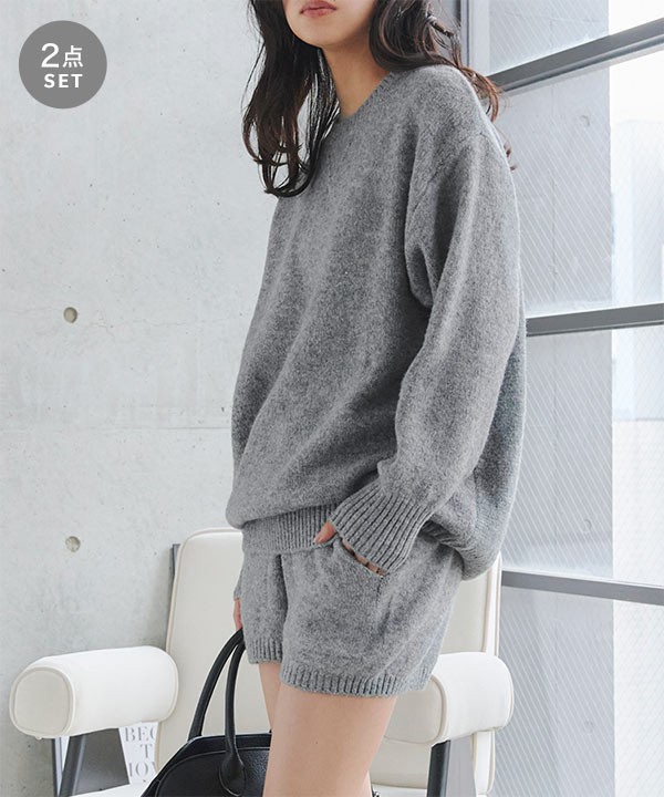 クルーネックニット×ショートパンツセット [N1340] - レディース