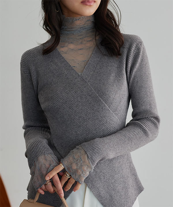 レースレイヤードカシュクールニットトップス [N1341] - レディース