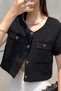 デザインボタン 半袖ツイードジャケット